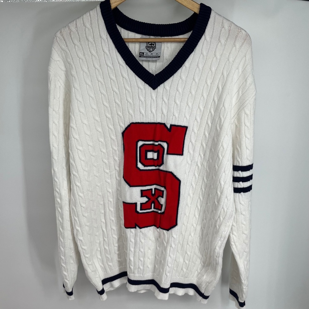 Men's XL White Chicago White Sox Cable Knit V Neck Retro Style 125th Anniversary